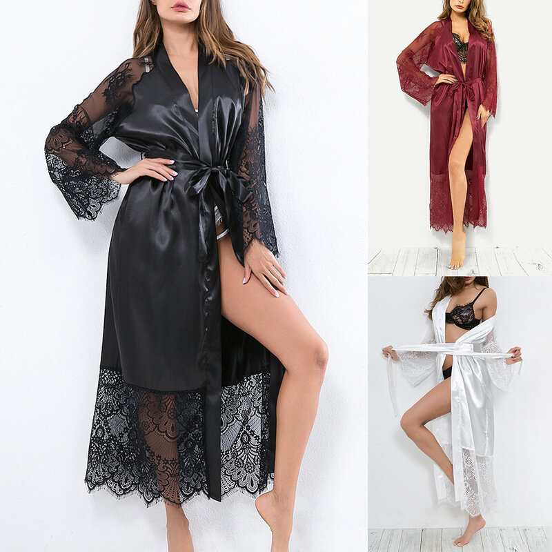 Sexy Women Robe Satin Ultra--thin Translucent Lingerie Lace Smooth Long Dress Silky Loose Nightgown With Belt Breath Pajamas