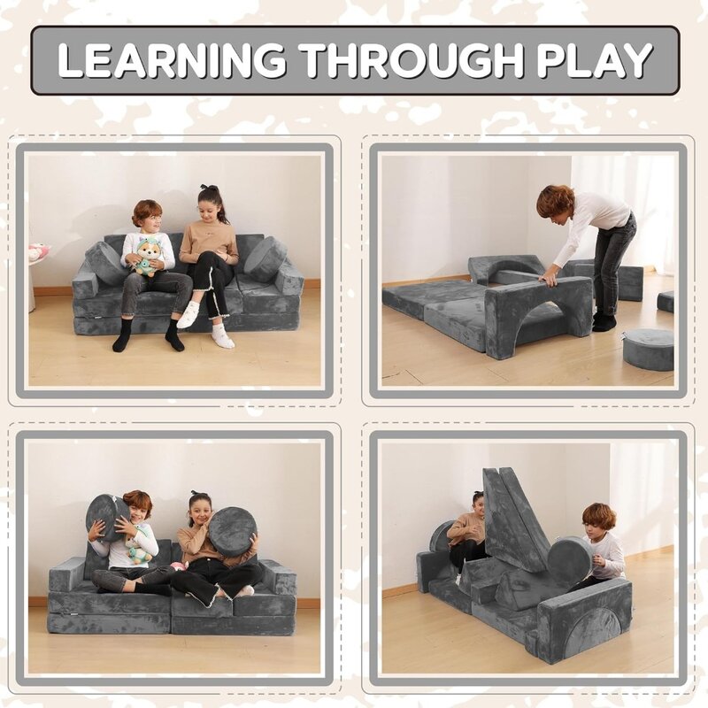 14-częściowy modułowy zestaw kanap dla dzieci – rozkładana kanapa dla dzieci z poduszkami na sofę z miękkiej pianki| Meble do pokoju zabaw Szare Mini
