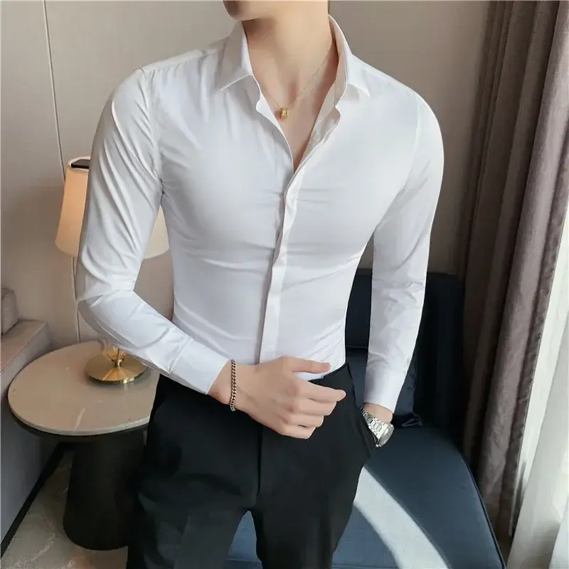 4XLMen's Shirt High Elasticity Seamless Long Sleeve Slim Casual Shirt Solid Color Business Formal Dress Shirts Social Blouse