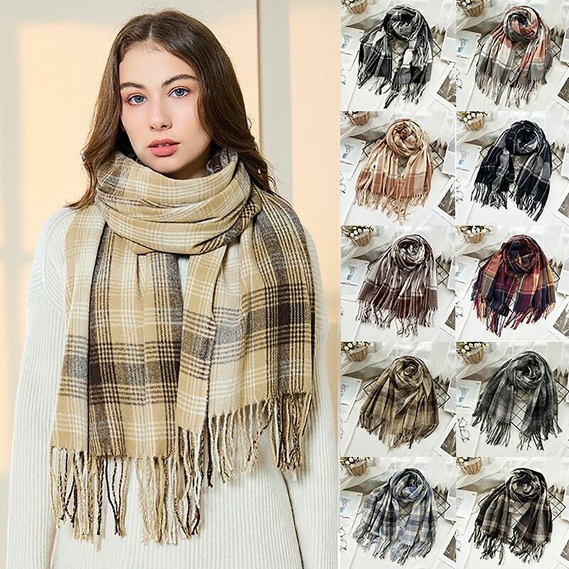 Классический кашемировый клетчатый шарф 200x70 см, женская теплая шаль из пашмины, клетчатый шарф большого размера для девушек и женщин