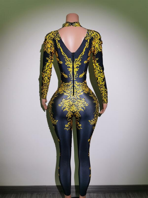 Sexy Print Jumpsuit Sparkly Rhinestones Long Sleeve Bodysuit Stage Dance Costume Female Singer Club Wear Party Outfit Putao