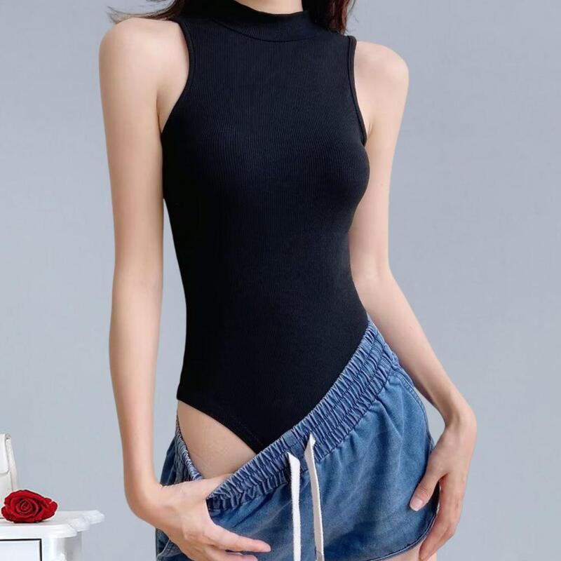 One-Piece Women Bodysuit Sexy Sleeveless Half Turtleneck Summer Slim Fit Vest Solid Color Bottoming Shirt Romper Plunge Tops