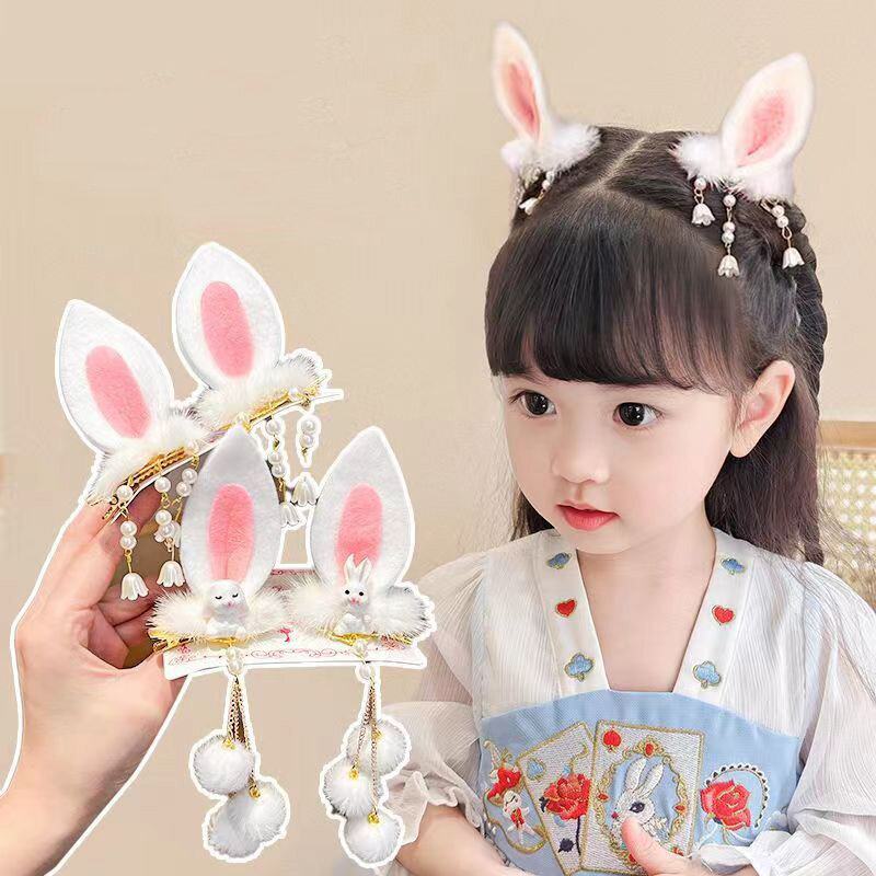 Cute Chinese Style Hanfu Ears Hair Clips, Pin de cabelo de coelho 3D para bebês meninas, Kawaii Headwear, Little Kids Hair Accessories