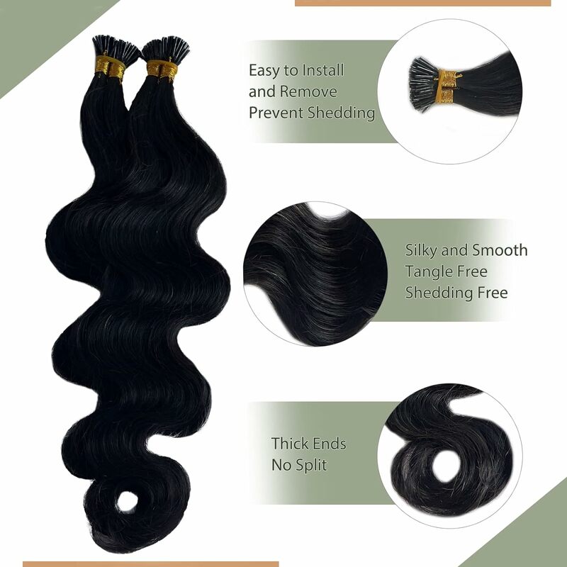 ملحقات برازيلية مستقيمة سوداء طبيعية للنساء ، I Tips ، شعر بشري حقيقي ، 50 جم ، # 1B