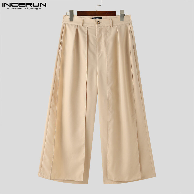 INCERUN 2024, брюки в Корейском стиле, новинка, мужские широкие брюки с имитацией двух частей, свободная однотонная удобная юбка, брюки