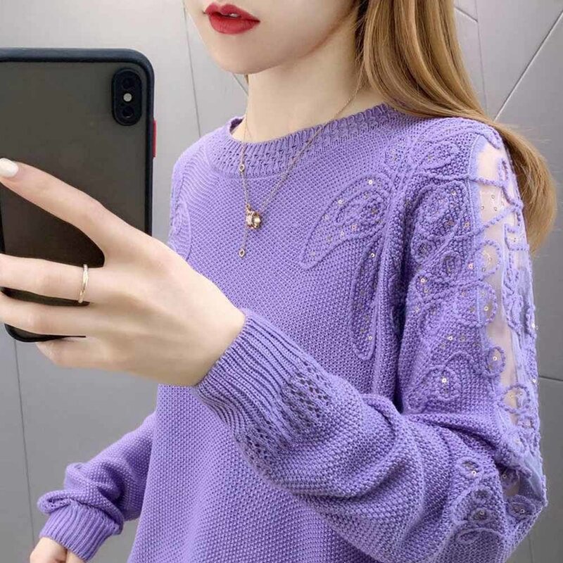 2023 Women New Fashion Short Embroidered Pullover Lace Knitwear Thin Loose Openwork Trending Sweater Autumn And Winter