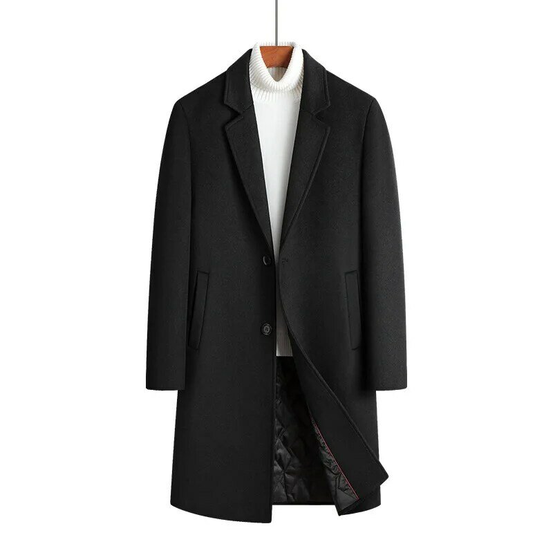 New Winter Men's Medium-length Wool Coat Black High Quality Plus Cotton Windbreaker Jacket  Male Fashion Trench Coats Plus Size