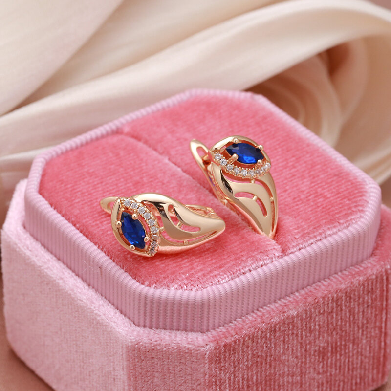 SYOUJYO anting-anting mewah zirkon kubik biru untuk wanita 585 perhiasan bagus pesta pernikahan mewah emas mawar