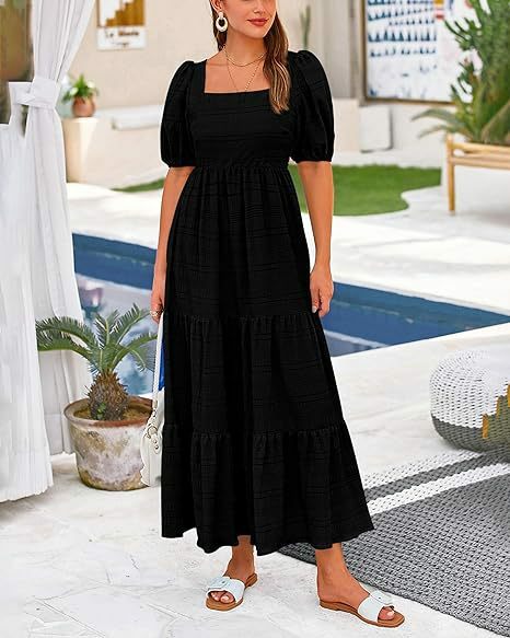 Letnia sukienka w jednolitym kolorze bufiaste rękawy kwadratowym dekoltem z krótkim rękawem sukienka z kieszeniami luźna sukienka Midi