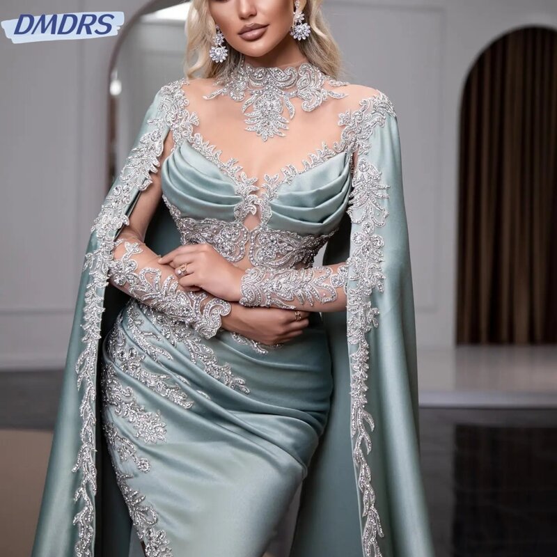 Modest High Collar Prom Gown Sparkly Beads Crystal Cocktail Dress Luxury Arabic Satin Mermaid Long Evening Dress Robe De Mariée