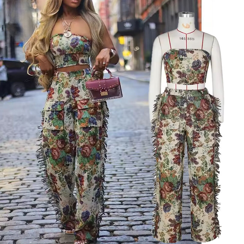 Printed 2 Piece Outfits For Women Cropped Strapless Top + Straight Wide Leg Tassels Pants Sets
