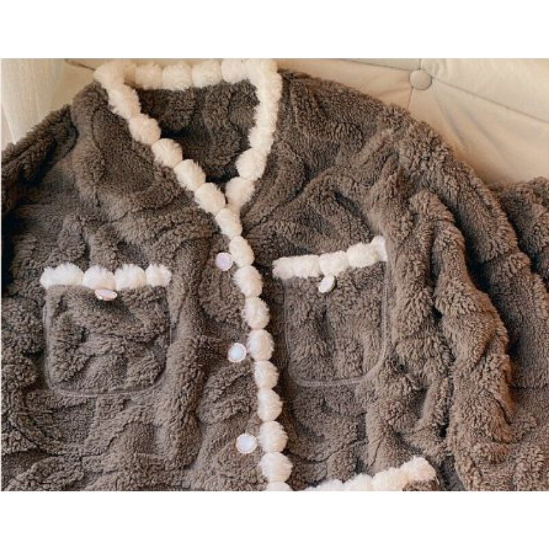 Pijama de veludo coral grosso monocromático para feminino, pijama doce com decote em v, terno de serviço doméstico, novo, outono e inverno, 2023