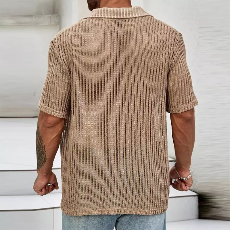 Sexy Hollow Out Breathable Knitted Shirt Men Summer Beach See Through Casual Shirts Mens Short Sleeve Button Solid Color Shirts