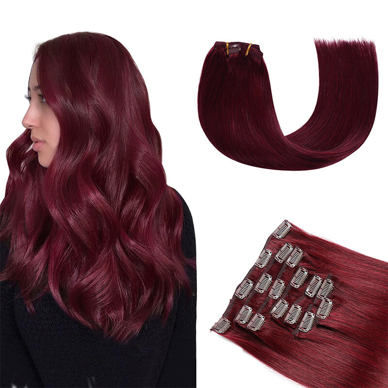 Ekstensi rambut manusia klip, ekstensi rambut manusia 8 buah/set dengan 17 klip lurus kain ganda dalam ekstensi rambut manusia anggur merah 99j #