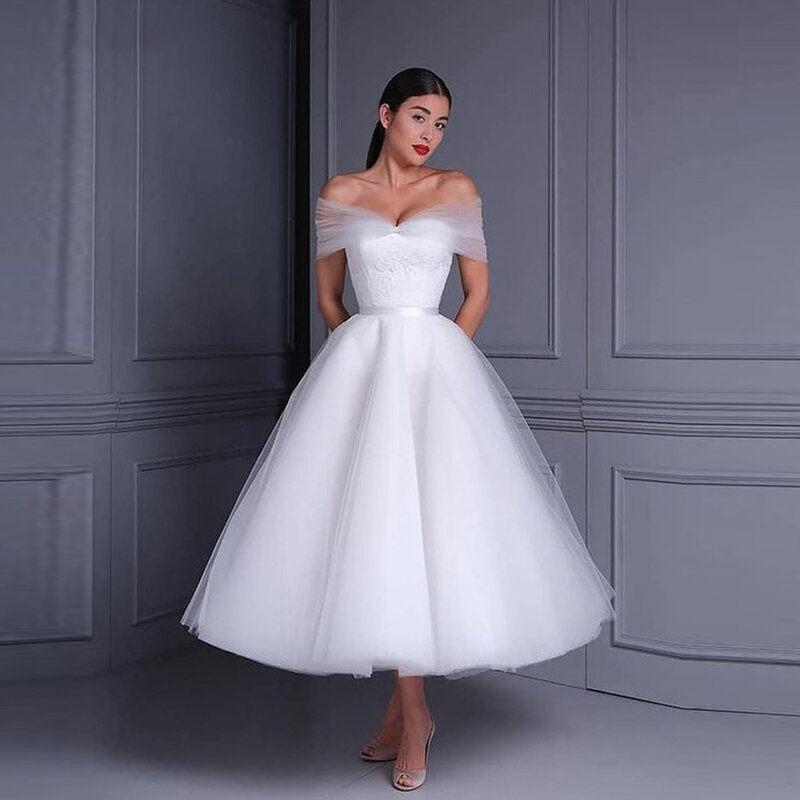 New 2024 Elegant Beautiful Sweet Short Off Shoulder Gauze Wedding Dresses Princess Beaded A-shaped Pretty Gorgeous Dresses