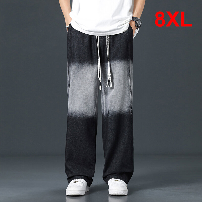 8XL Plus Size Jeans Men Gradient Denim Pant Harajuku Fashion Casual Straight Pants Male Elastic Waist Jeans Big Size 8XL