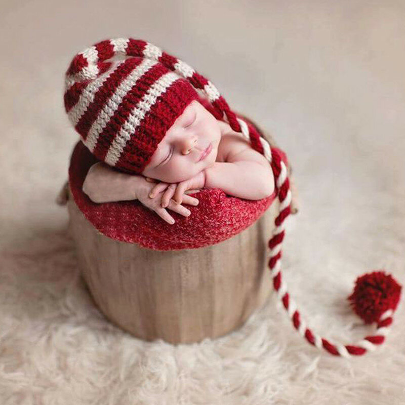 新生児用フォトアクセサリー,ロングテール,クリスマス帽子,かぎ針編みの帽子,赤ちゃんの写真の撮影アクセサリー