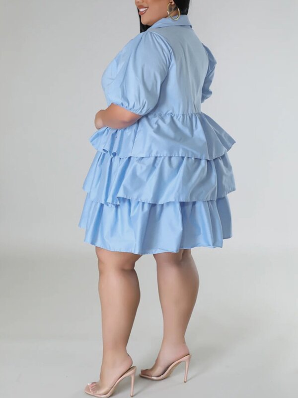 LW 플러스 사이즈 드레스 레이어드 캐스케이딩 플라운스 디자인, 귀여운 원피스 베스티도, 시크한 패션, 턴다운 넥, 섹시한 미니 원피스