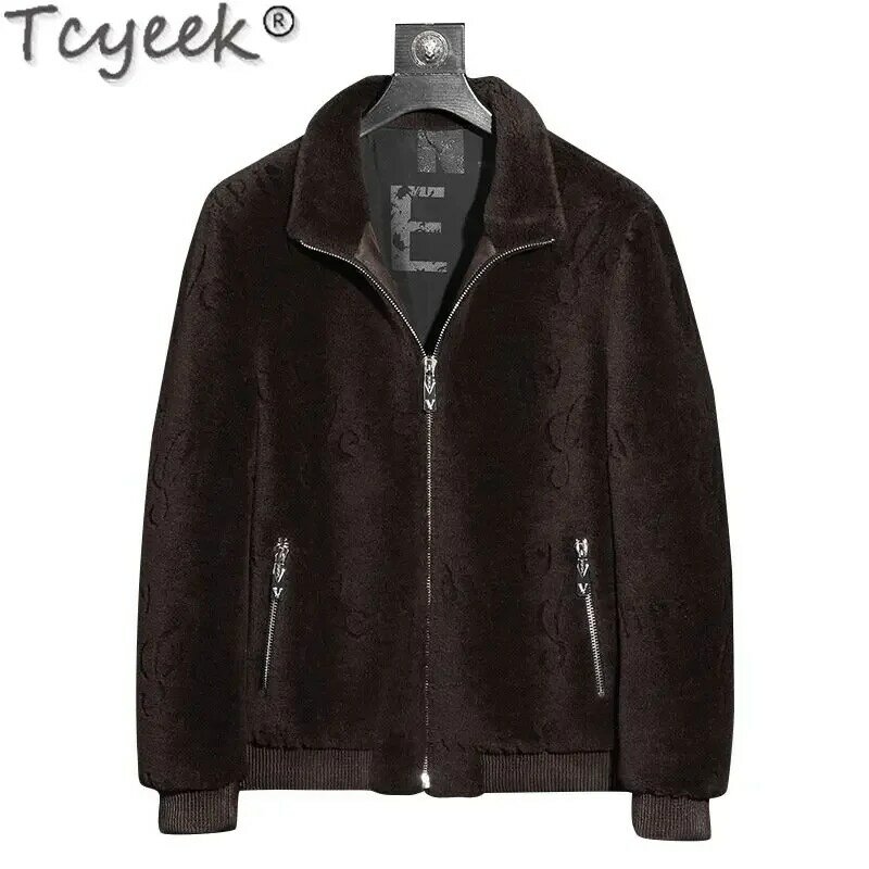 Tcyeek-Chaqueta de piel auténtica para hombre, abrigo corto de lana de grano, informal, cálido, a la moda, para invierno
