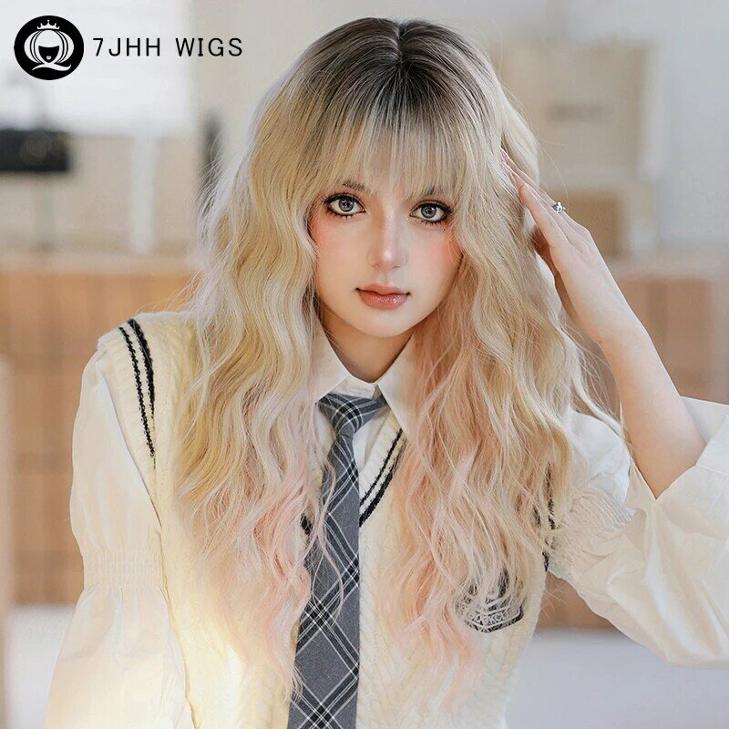 7JHH WIGS High Density Synthetic Ombre Blonde Wig for Women Costume Wig Fashion Long Body Wavy Pink and Blonde Wigs with Bangs