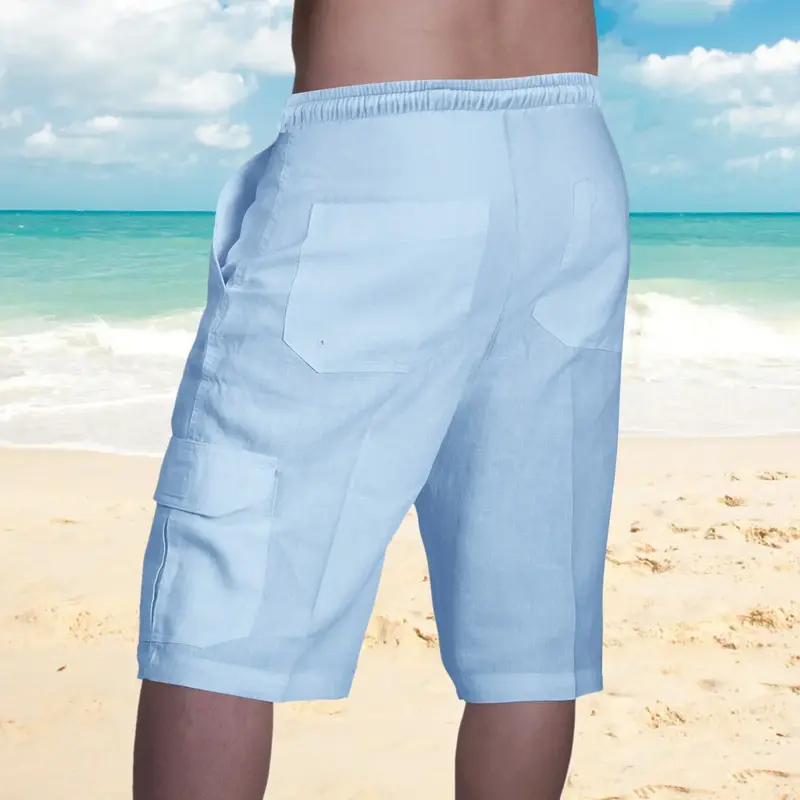 Shorts casuais de algodão e linho para homens, shorts bordados high-end, shorts esportivos multi-bolso, cintura elástica, shorts de praia respiráveis, moda verão