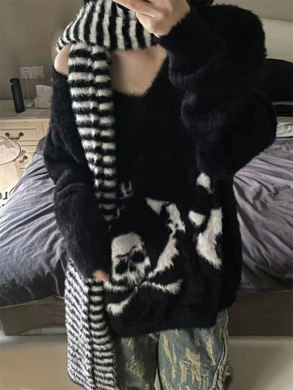 Женский мохеровый свитер в стиле Харадзюку, толстый Свободный вязаный пуловер с принтом черепа в стиле гранж, Y2k, винтажный пуловер в стиле панк