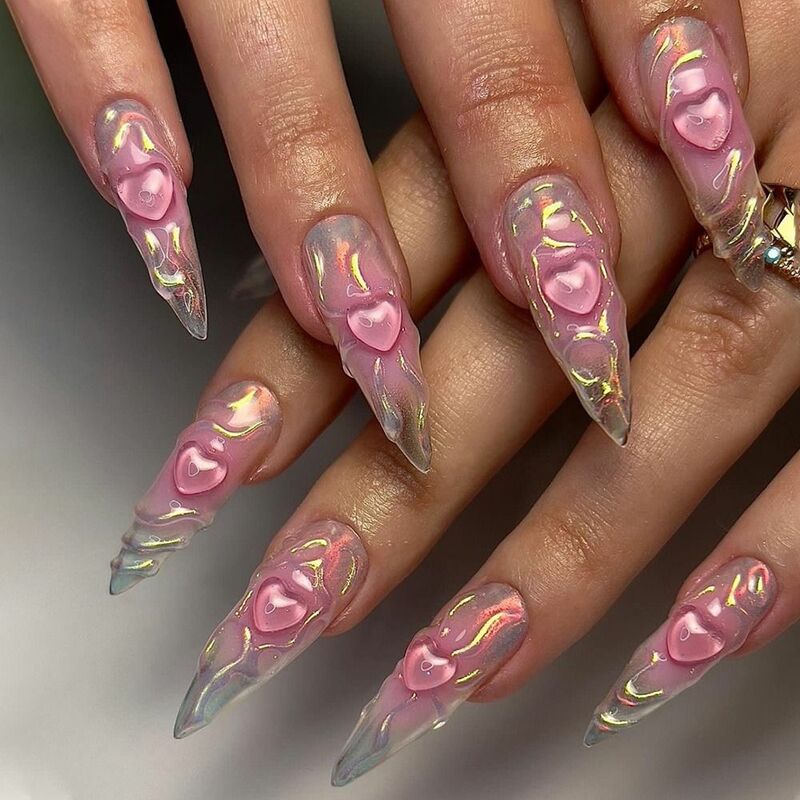 24 шт. длинные искусственные ногти, розовые 3D накладные ногти в форме сердца, полное покрытие, нажимные ногти, самодельные съемные ногти, французские балетные ногти