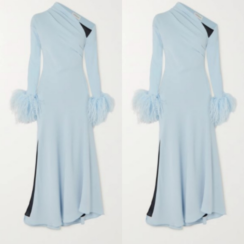 Elegante abito da sera monospalla azzurro con piume abito da sera con spacco laterale a sirena musulmana per donna 2023