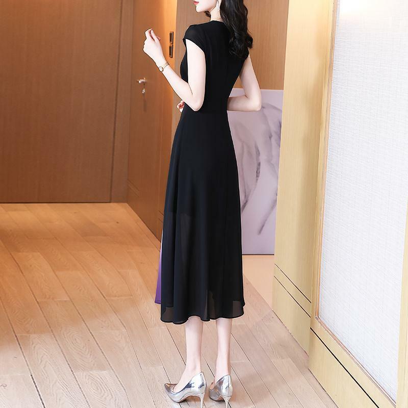 2022 New Korean Popularity Empire Pullover Patchwork Mid-Calf Dresses O-Neck Chiffon Summer Elegant Fashion Women's Clothing