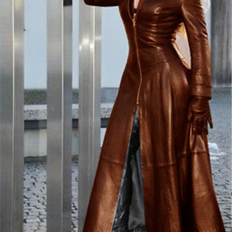 Женская длинная куртка из искусственной кожи с воротником-стойкой, на молнии