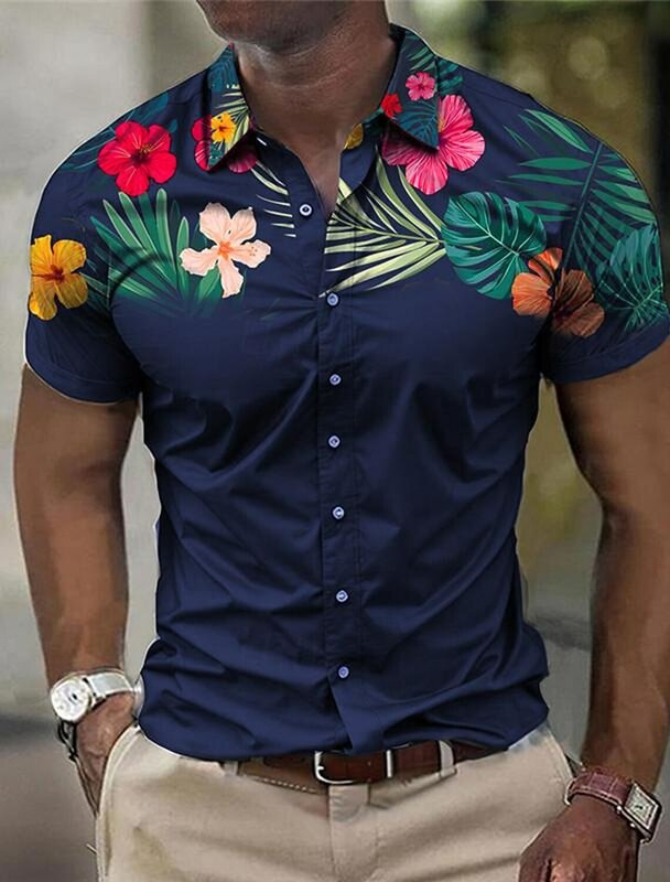 Kemeja motif bunga 3D kasual bisnis pria pakaian jalanan luar ruangan untuk bekerja dengan lengan pendek terbalik bahan kain elastis 4 arah musim panas