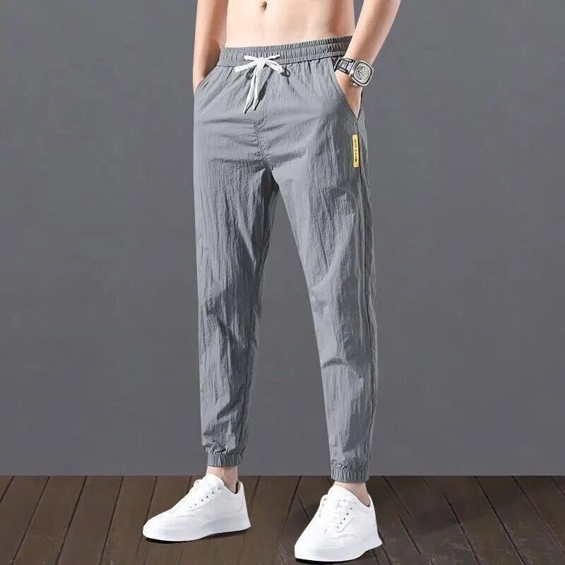 Ice Silk Men's Summer Korean Fashion Pants Loose Nine Point Trousers Classic Drawstring Elastic Waist Jogging