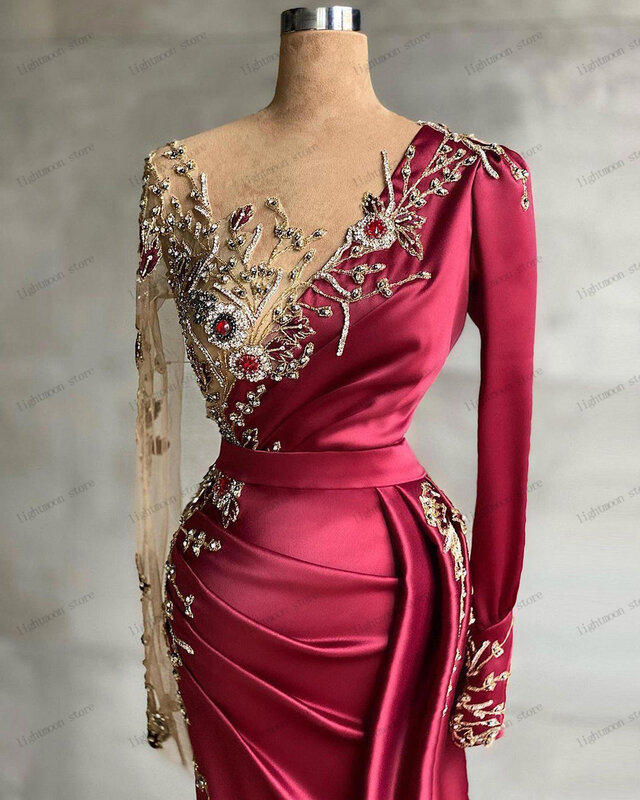 Efektowne suknie wieczorowe satynowe suknie balowe haftowane pełne rękawy szaty na formalne przyjęcie z dekoltem w szpic syrenka Vestidos De Gala