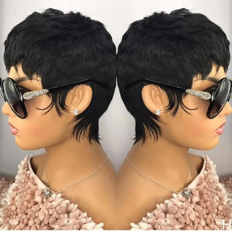 Short Bob Wigs for Black Women Human Hair Pixie Cut Wigs with Bangs Short Pixie Wigs Wavy Layered Full Machine Made 1B Color