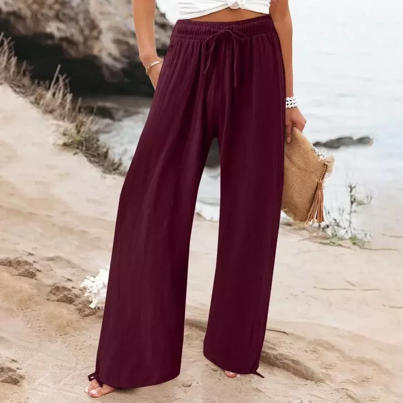 FjElastic-Pantalon plissé taille haute pour femme, pantalon large, monochromatique, décontracté, automne, 2023