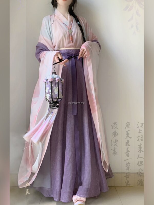 2024 Cina kuno wei jin gaya Dinasti wanita dicetak kuno harian kerah silang atasan lengan panjang longgar kasual hanfu t001