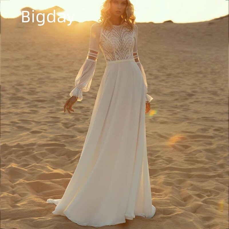 Bohemian A-Line Wedding Dress Women 2024 Lace White Long Sleeve Illusion Back Chiffon Bridal Gowns Sweep Train Vestidos De Novia