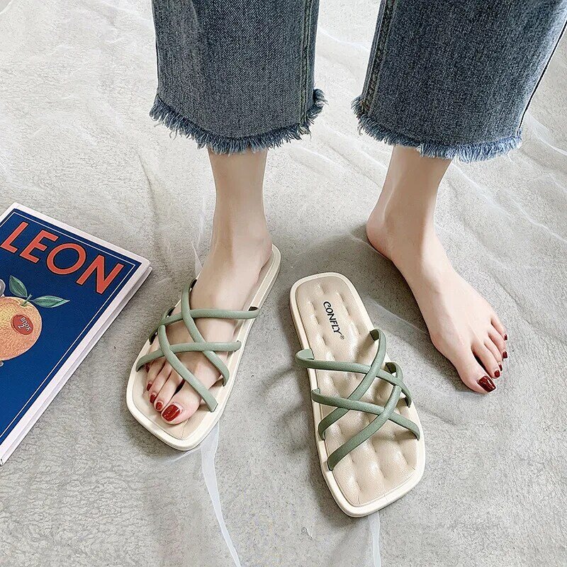 Women's Summer Platform Slippers Ladies Elegant Outside Cross Tied Leather Casual Sandals Versatile Daily Female Shoes