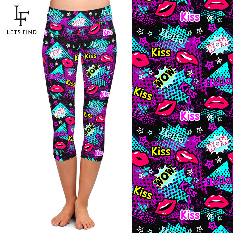 Letsfind verão comics estilo beijo e lábios imprimir cintura alta meados de bezerro leggings moda feminina fitness capri leggings