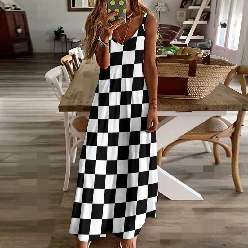 Piccolo nero bianco Check Motorsport Race Flag gonna a scacchi cuscino abiti senza maniche per abiti da festa da donna donna