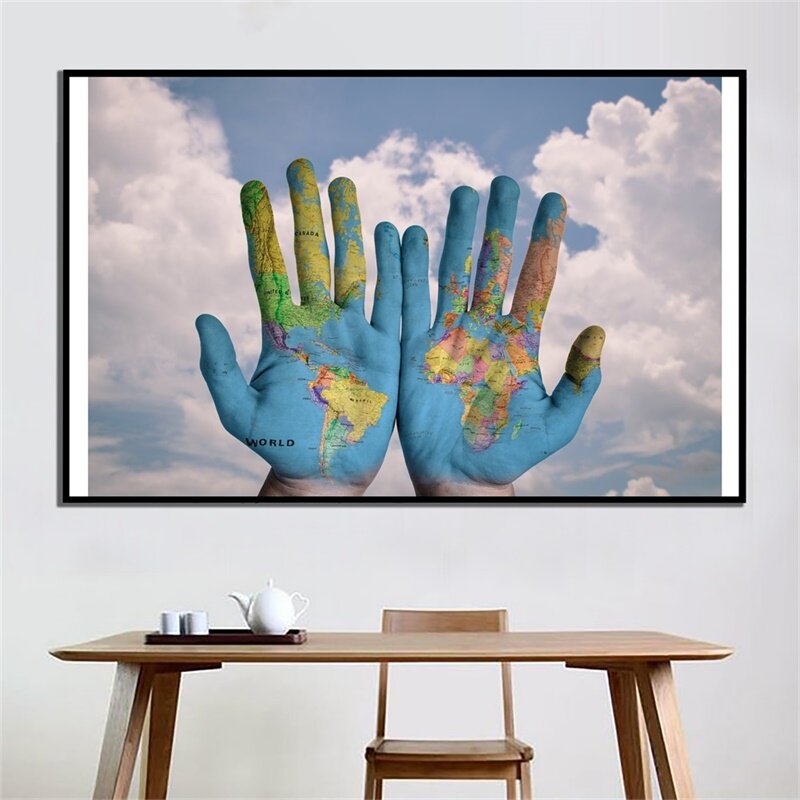 225*150 см карта мира в форме руки, Ретро плакат, декоративные принты на стену, гостиная, домашний декор, офисные и школьные принадлежности