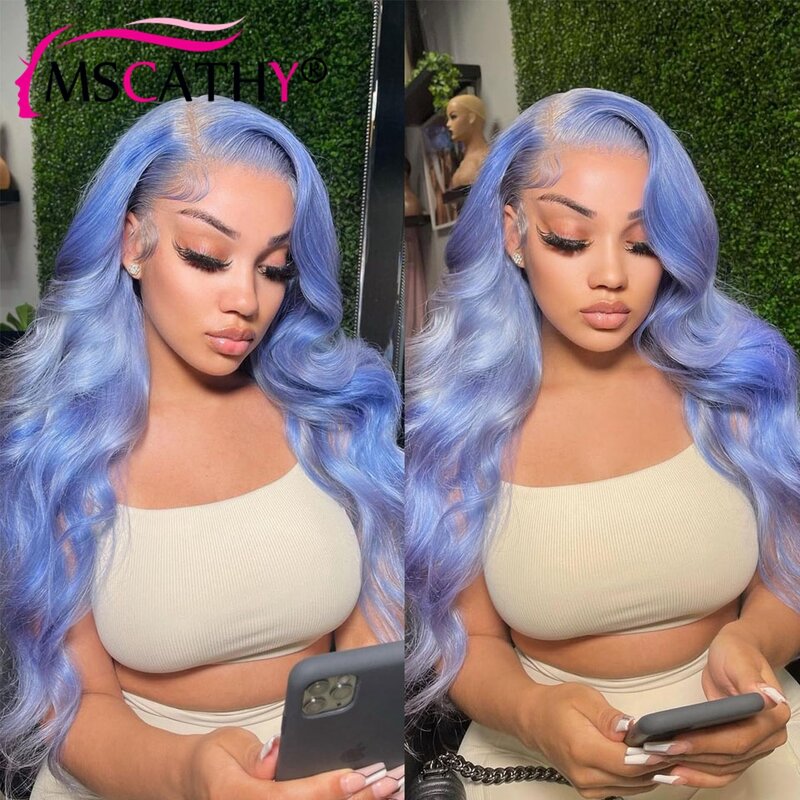 Perruque Lace Front Wig Body Wake brésilienne naturelle, cheveux vierges, bleu lac, 13x4, avec baby hair, densité 150%, pour femmes