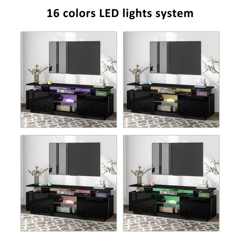 Soporte moderno para TV de hasta 65 pulgadas, armario con luces LED de 16 colores para sala de estar, dormitorio, Blanco/Negro, [US-W]