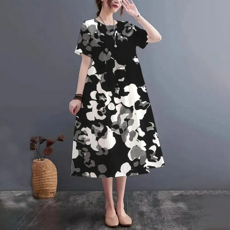 Plus-Size-Damen Sommerkleid Mode druck Kleid Rundhals ausschnitt Kurzarm Kleid 3D-Druckprozess weich locker bequem
