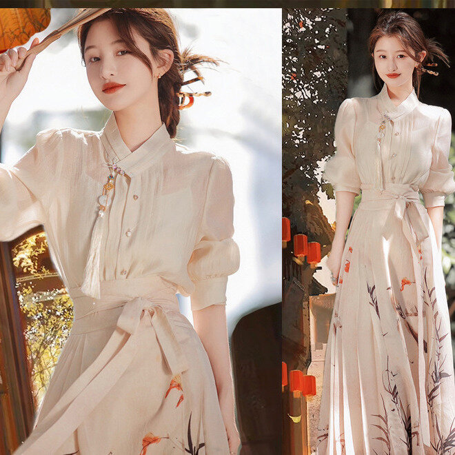 Vestido chino tradicional mejorado, conjunto de falda de retazos Hanfu, elegante, dulce, artístico, Retro, Qipao para mujer