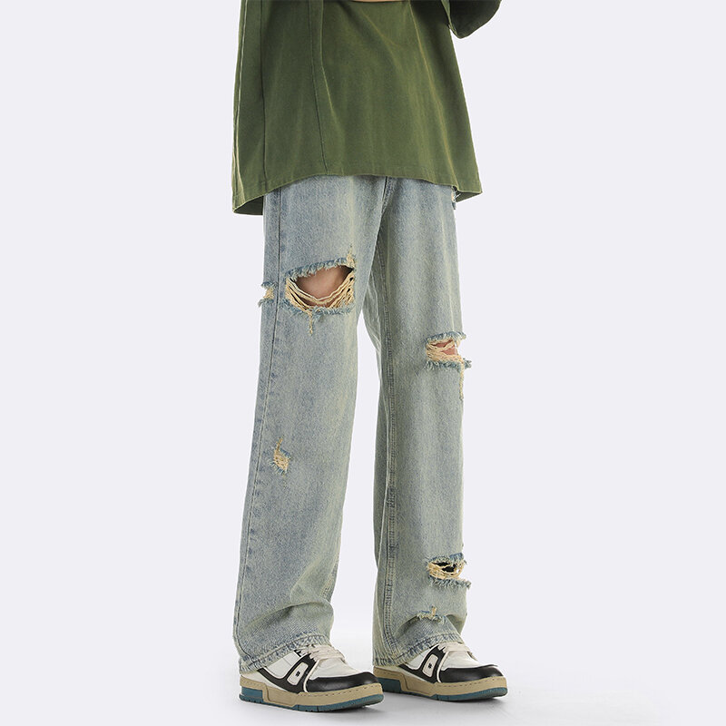 Jeans rasgado para mulheres, calças casuais e soltas, tendência de rua, 2021