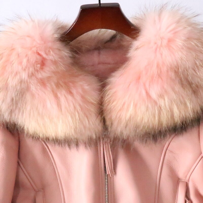 OFURTEBUY Winter Warm Big Fur Collar Oversized Shearling Coat With Lamb Fur Lining Women Genuine Leather Jacket Ladies