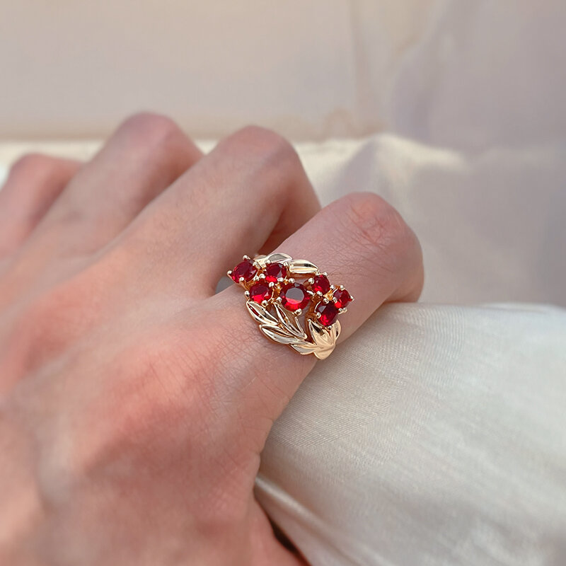 Scoujyo Cincin Batu Alami Mengkilap Merah untuk Wanita 585 Warna Rose Gold Elegan Vintage Pengantin Perhiasan Pernikahan Pesta Keluarga Hadiah Terbaik