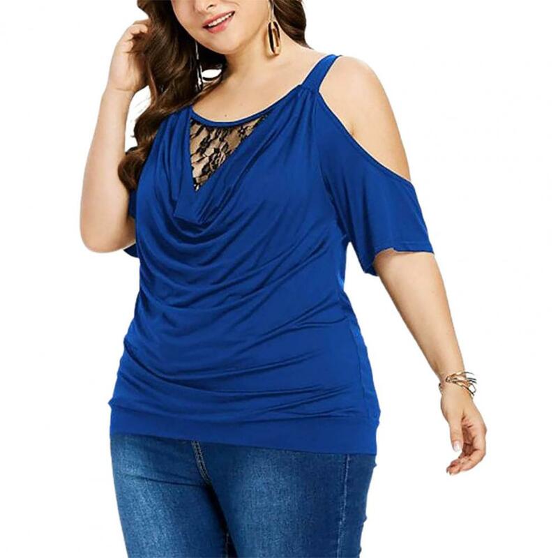 Plus Size Summer Women Blouse Lace Short Sleeves Hollow Out Solid Color See-through Off Shoulder Shirts Blouse Top