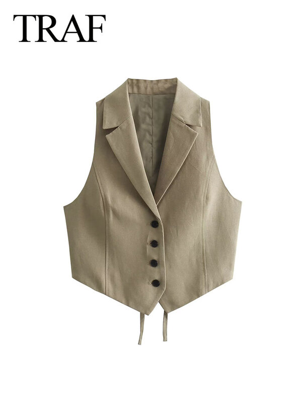 TRAF-Chaleco sin mangas con cuello vuelto para mujer, ropa de calle de un solo pecho con cordones, Tops de estilo sólido, moda de verano, nuevo